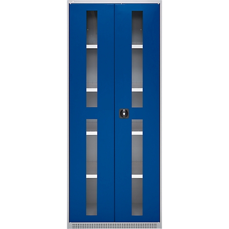 Blue double door with glass windows and silver frame. The door has a silver handle.
