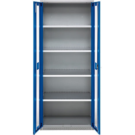 Blue steel cabinet with open doors and multiple shelves.