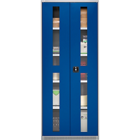 Blue filing cabinet with glass windows filled with office supplies. Handle centered.