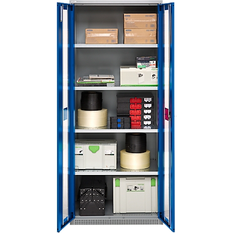Open blue steel cabinet with shelves. Filled with various tools, boxes, and spools.