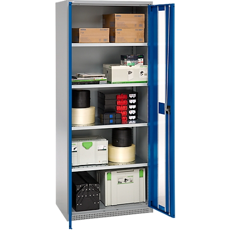 An open tool cabinet with various tools and materials on the shelves. The left door is open and shows the blue accents.