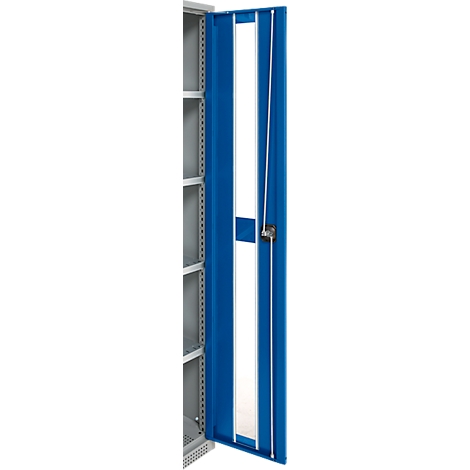 Open steel cabinet, most of the blue door is visible. Several shelves can be seen inside.