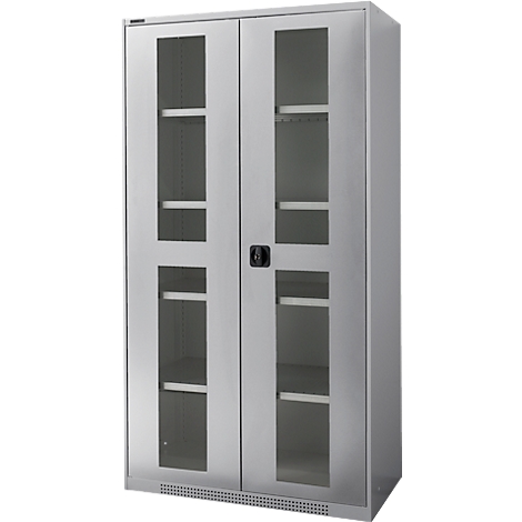 Grey steel cabinet with two glass doors, shelves behind. Black handle in the middle. On a light grey background.