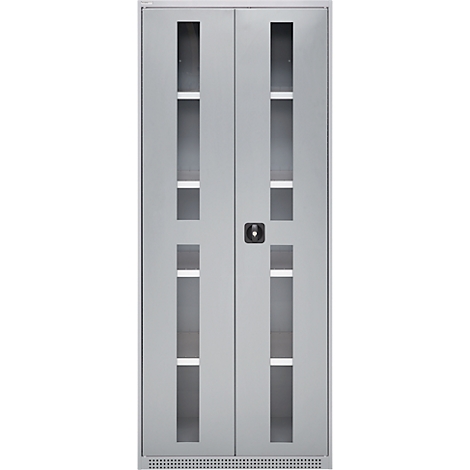 Double door with glass inserts and handle in the middle. Gray color, simple design.