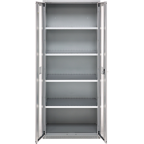 An empty grey cabinet with six shelves, doors open.