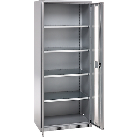 Gray steel cabinet with open door, shelves inside. Lighting inside. Application image.