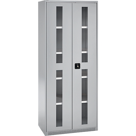 Grey metal cabinet with glass doors and shelves.
