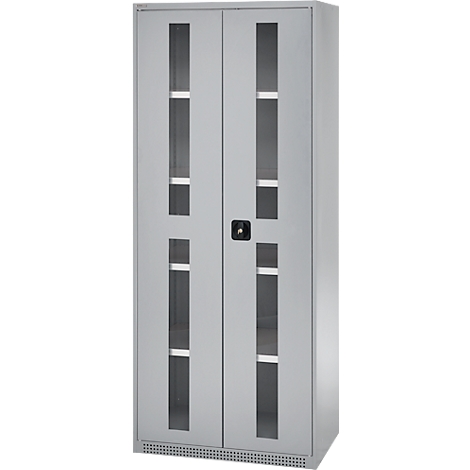 Gray cabinet with glass windows and a black handle. A cabinet with several compartments is visible.