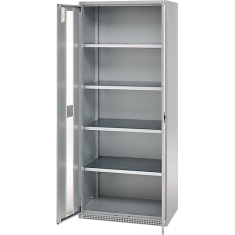 Gray metal cabinet with open door and five shelves. A white wall can be seen in the background.