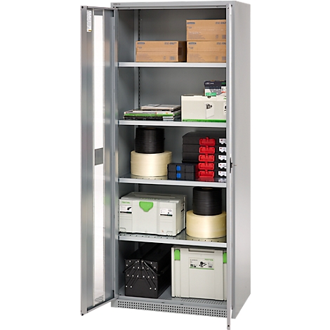 Open steel cabinet with various tools and materials. The shelves are full.