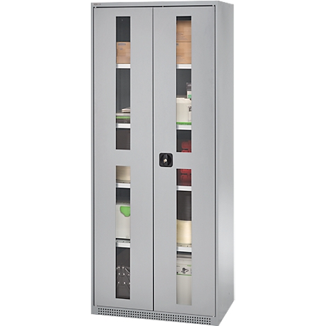 Grey cabinet with glass doors, filled with objects like bottles and boxes.