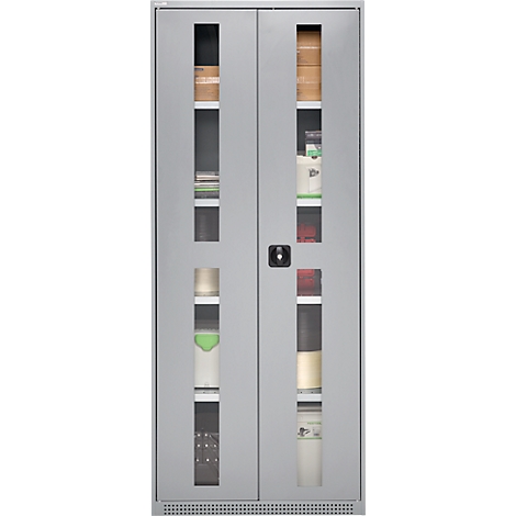 Grey cabinet with glass windows, behind which are various products. A black lock is located in the middle.