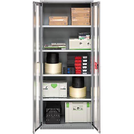 An open, grey tool cabinet filled with tools and materials.