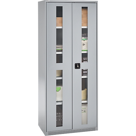 Grey steel cabinet with glass doors. Documents are stored on the shelves.