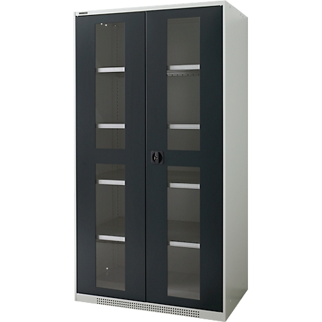 A cabinet with black double doors featuring glass windows and white shelves. The cabinet is set against a white backdrop.