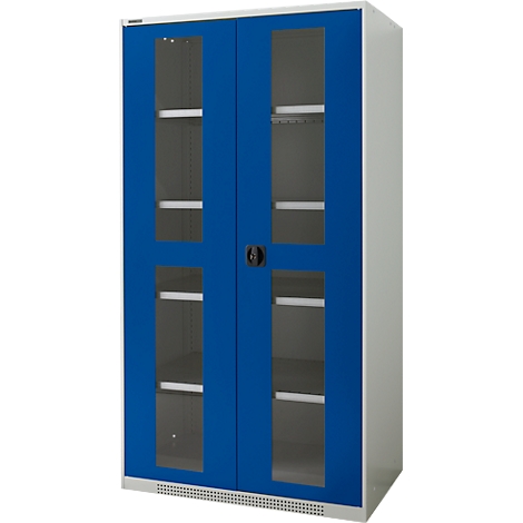 Blue and white cabinet with glass doors and shelves. Black handle in the middle.