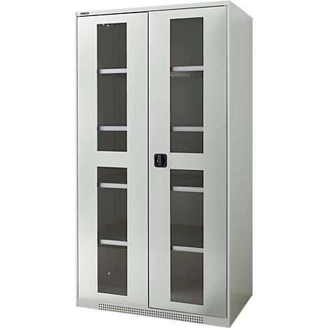Gray cabinet with glass doors, black handle, and shelves. The doors are closed.