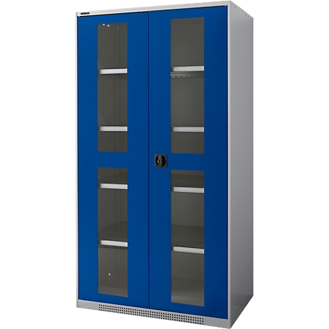 Blue cabinet with glass doors. Interior shelves visible, black handle in the middle.