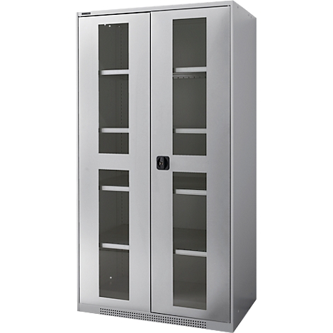 Silver cabinet with two glass doors, shelves inside. Black door handle in the middle.