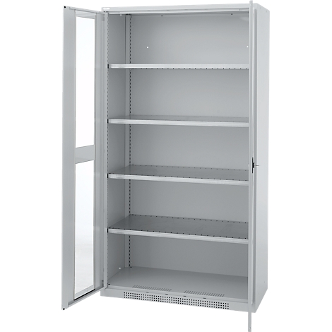 An open grey cabinet with shelves. The left door is open, behind it a bright pane.