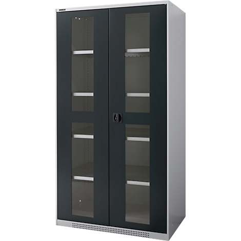 A gray cabinet with glass doors and shelves. The cabinet has a black frame and a silver base.