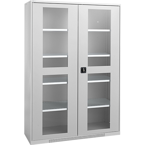 Grey cabinet with glass windows, divided into six sections with shelves. Black handle, ventilation at the bottom.