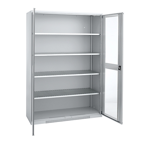 Metal cabinet with open doors. Several shelves inside. One door has a glass frame.