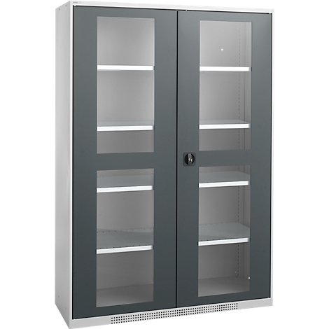 Grey filing cabinet with glass doors. Shelves are inside. A handle is in the middle.