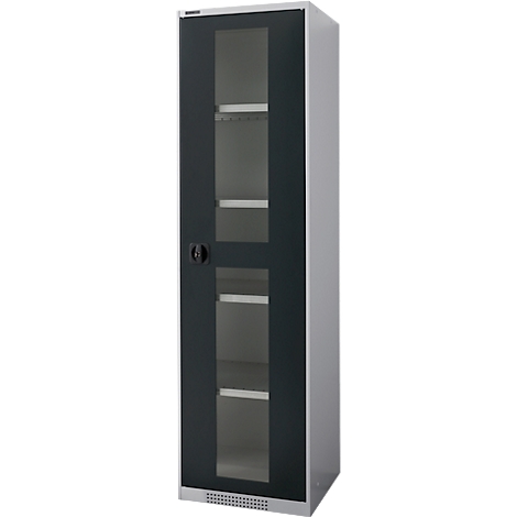 Gray cabinet with glass door, dark frame, door handle on the left. White shelves visible inside.