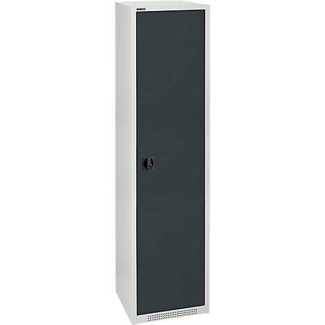 Tall cabinet with white body and dark door with black handle. Inscription on the top.