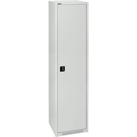 Gray cabinet with door, black handle and ventilation slots.