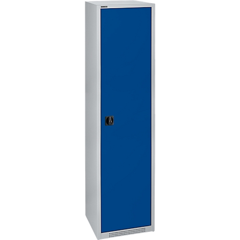 Tall steel cabinet with blue door and black handle, against a white background.