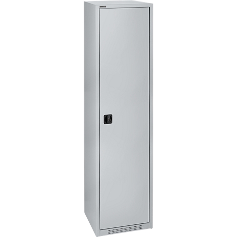 Grey steel cabinet with handle and ventilation slots at the bottom.