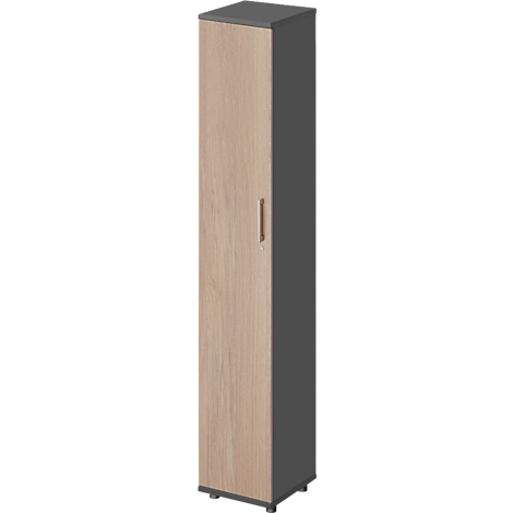 Hoge kast met houtnerf en donkere boven- en zijkant. De deur heeft een kleine handgreep.