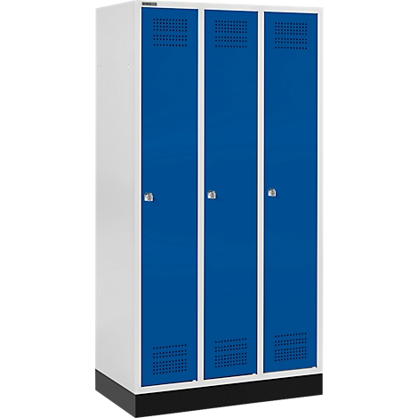 Kast met drie deuren in blauw en wit, rechthoekig met ventilatiegaten.