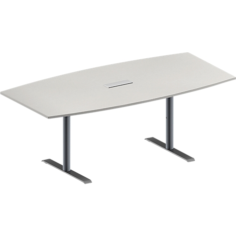 Weißer Konferenztisch, oval geformt, mit grauen Beinen. In der Mitte eine Aussparung für Kabel.