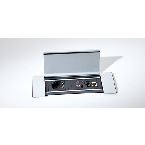 Einbau-Steckdoseneinheit mit Schuko-Steckdose, USB-Ports und LAN-Anschluss in einem grauen Metallgehäuse.
