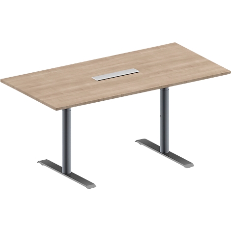 Schäfer Shop Genius Konferenztisch MODENA FLEX, 6-fach Anschluss, Rechteck, T-Fuß Rundrohr, B 1600 x T 800 x H 650-850 mm, Eiche-Dekor/weißalu