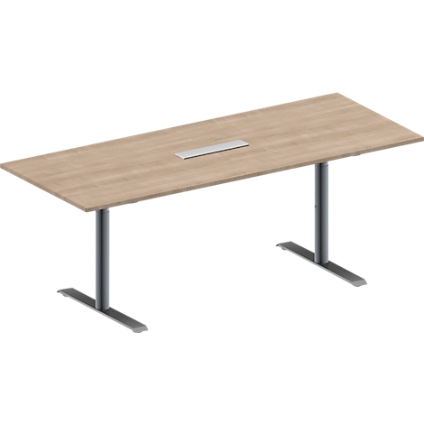 Schäfer Shop Genius Konferenztisch MODENA FLEX, 6-fach Anschluss, Rechteck, T-Fuß Rundrohr, B 2000 x T 800 x H 650-850 mm, Eiche-Dekor/weißalu