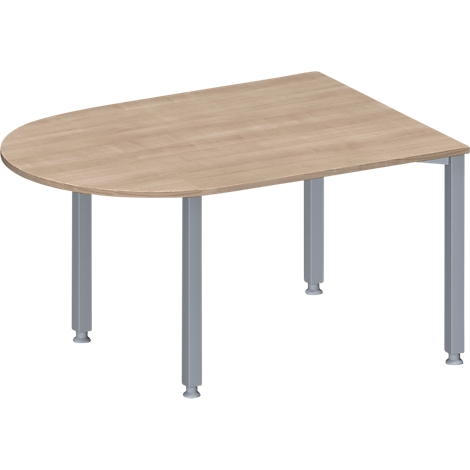 Ein heller, halbkreisförmiger Tisch mit silbernen Beinen, die auf einem weißen Hintergrund stehen.