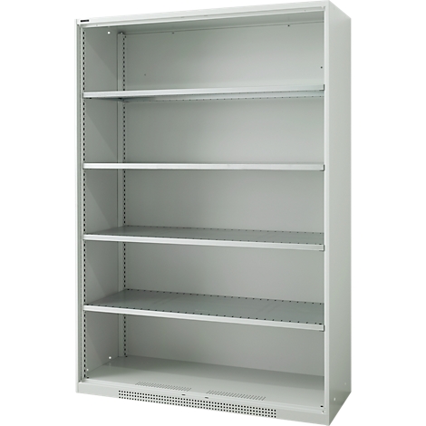 Een witte, lege archiefkast met vijf planken. De kast staat tegen een lichte achtergrond.
