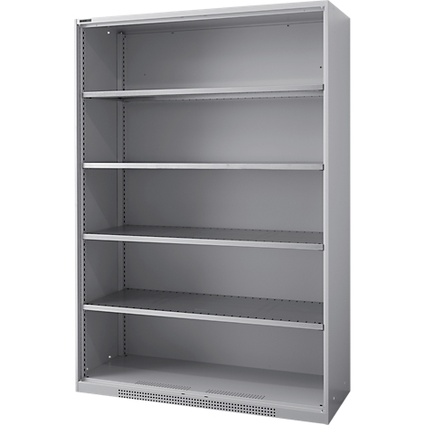 Grijze metalen kast met vijf planken, geen inhoud. Heldere verlichting, neutrale uitstraling.