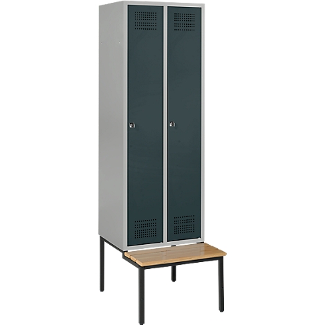 Grey-green locker with bench. Both doors have ventilation slots and a handle.