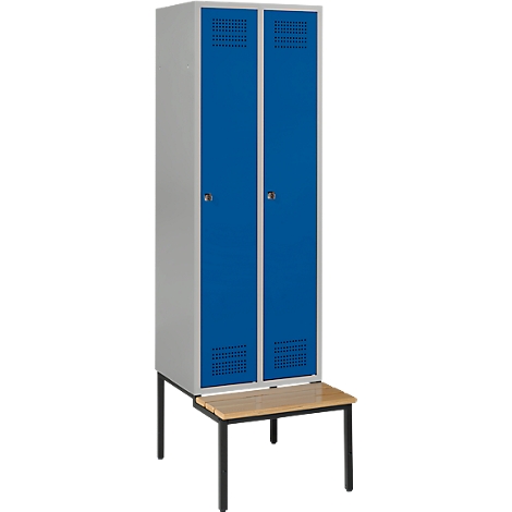 Double locker with two blue doors. There is a wooden bench with a black frame below.