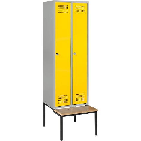 Grey and yellow locker with two doors, with a bench on black legs below.