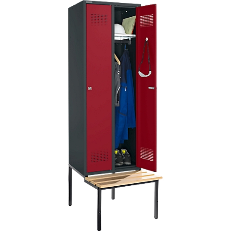 Red locker with open doors. Inside: jacket, helmet, shoes. Below, a wooden bench.