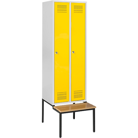 A white and yellow locker with a bench against a neutral background. The doors are yellow, the cabinet and the bench are white.