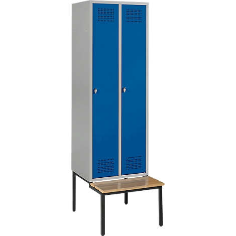 A blue locker with two doors, standing on a bench with black legs.