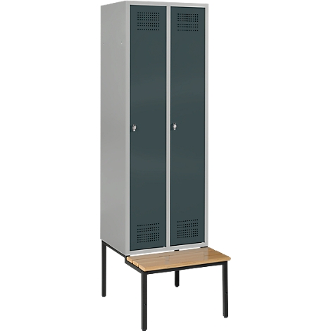 Gray-dark green locker with two doors, below a bench.