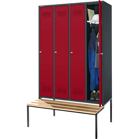 Red locker with three doors, one open. Shoes and clothes in the locker, on a bench in front.